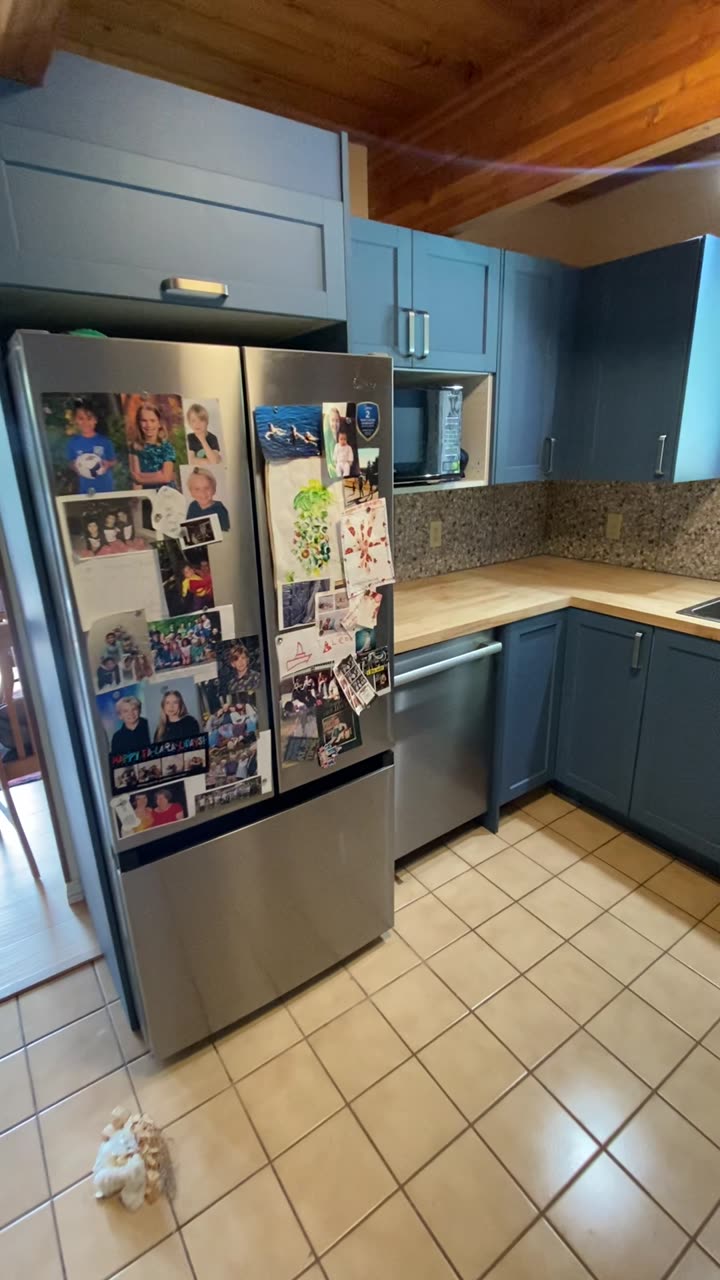Video of a renovated kitchen with blue cabinets