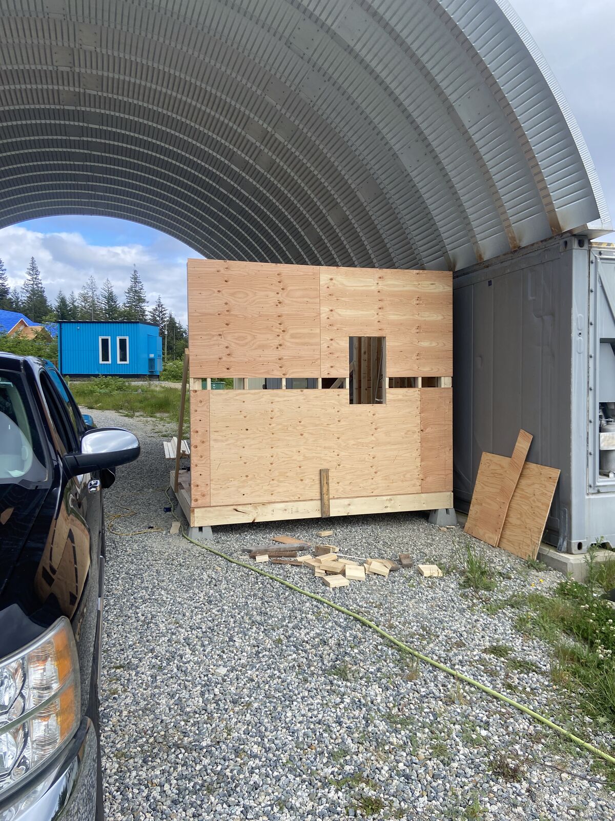 Plywood-sheathed bunkie under construction